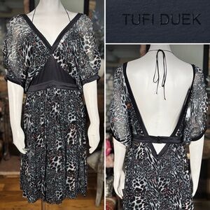 Tufi Duek Samira Sheer Blue Cheetah Open Back Chiffon & Satin Dress, Sz 6/8/10